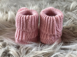Rose Pink Knitted Newborn Baby Booties With Pom Pom