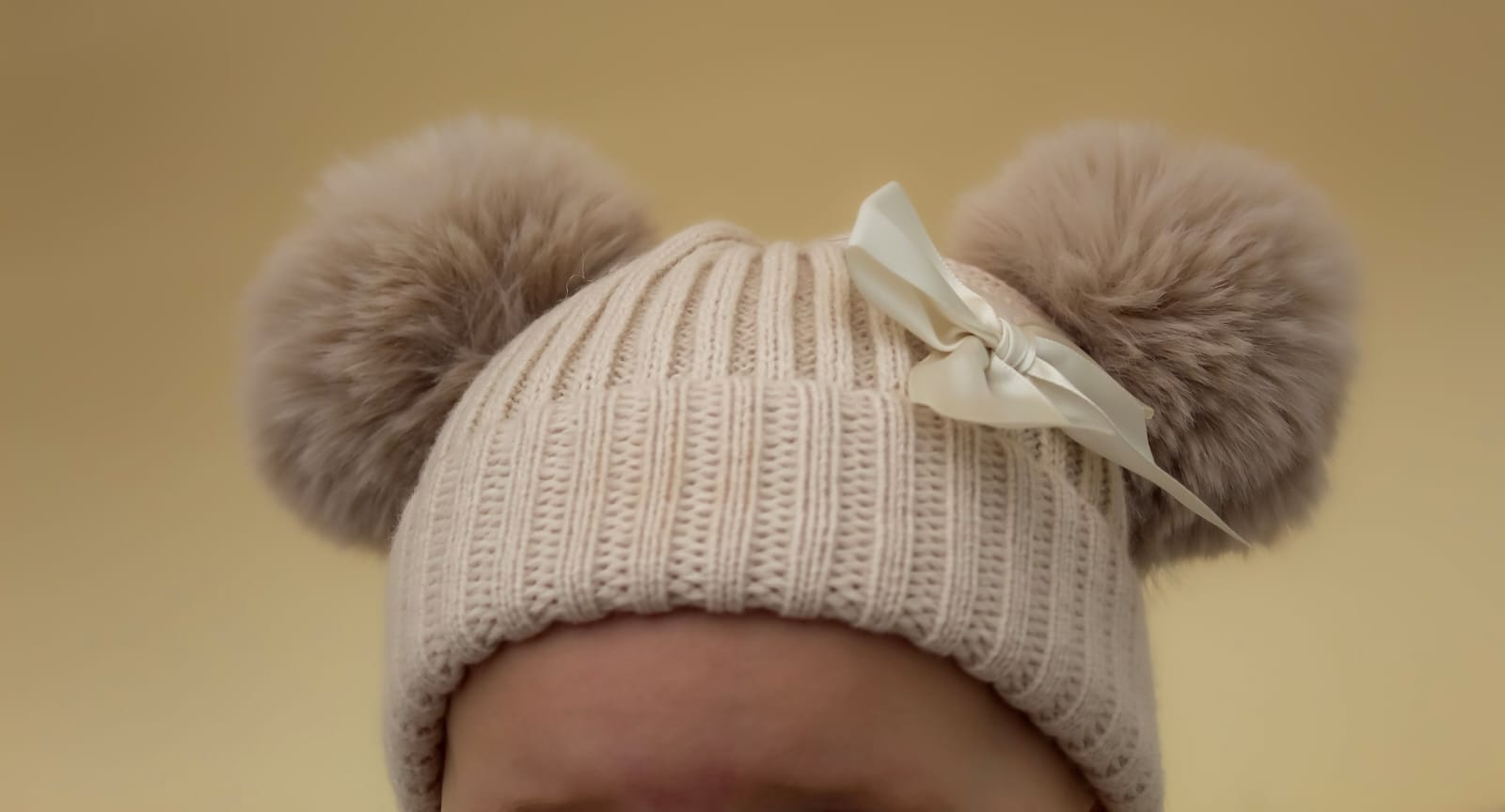 Cream Double Pom-Pom Baby Knitted Hat with Bow