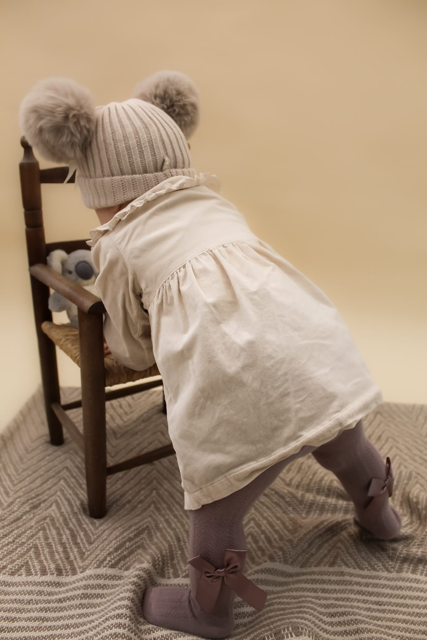 Taupe Double Pom-Pom Baby Knitted Hat with Bow