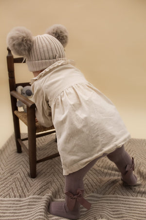 Taupe Double Pom-Pom Baby Knitted Hat with Bow