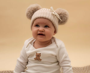 Cream Double Pom-Pom Baby Knitted Hat with Bow