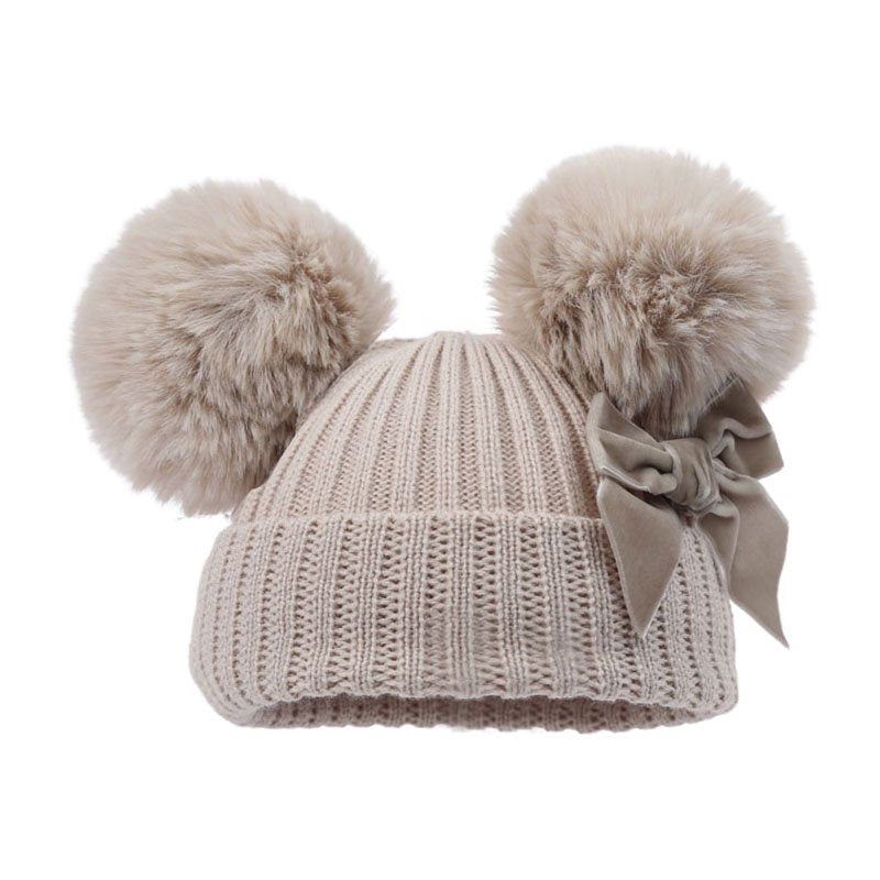 Taupe Double Pom-Pom Baby Knitted Hat with Bow