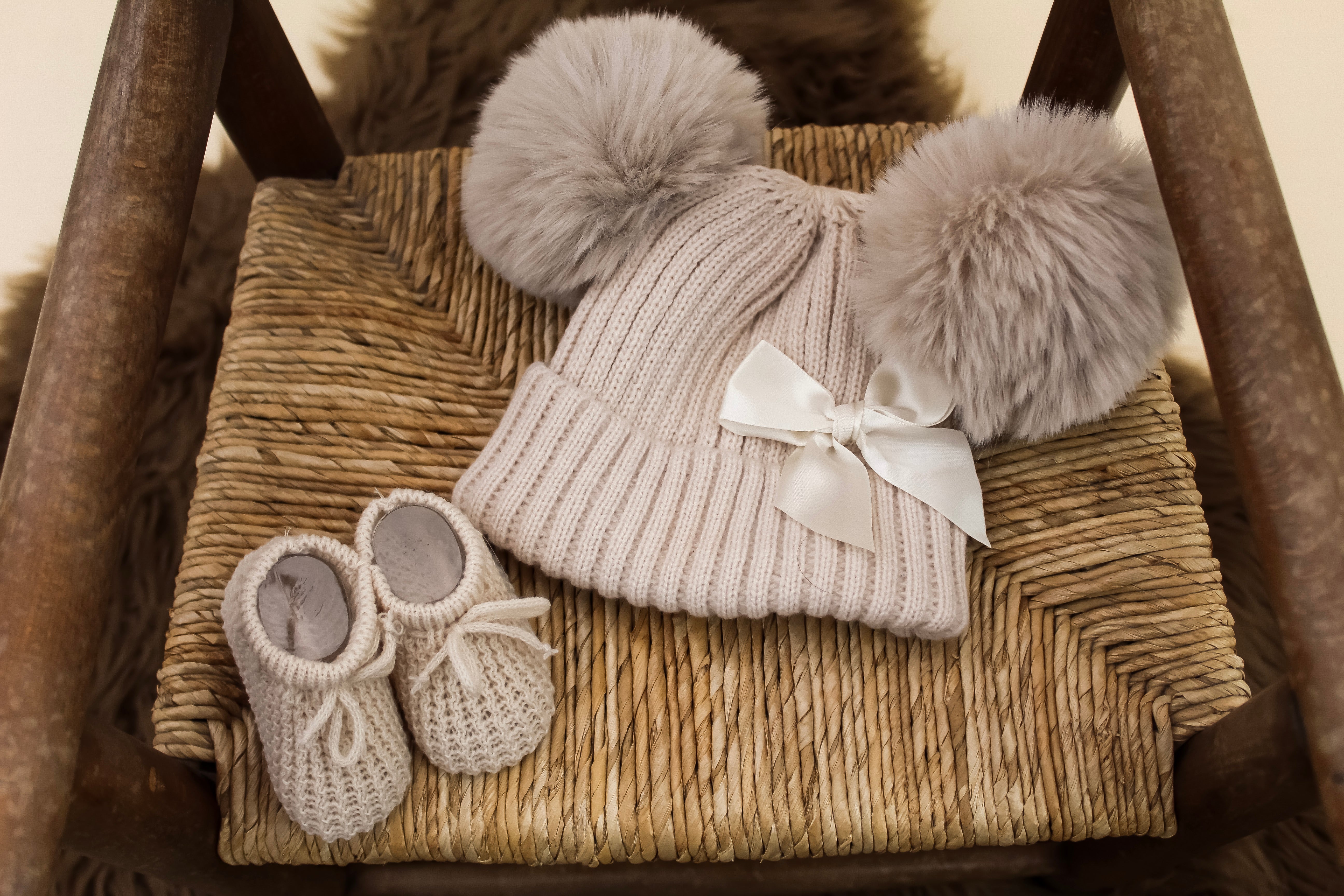 Cream Double Pom-Pom Baby Knitted Hat with Bow