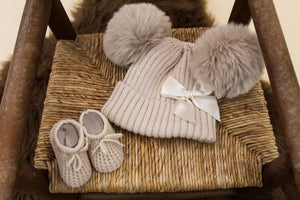 Cream Double Pom-Pom Baby Knitted Hat with Bow