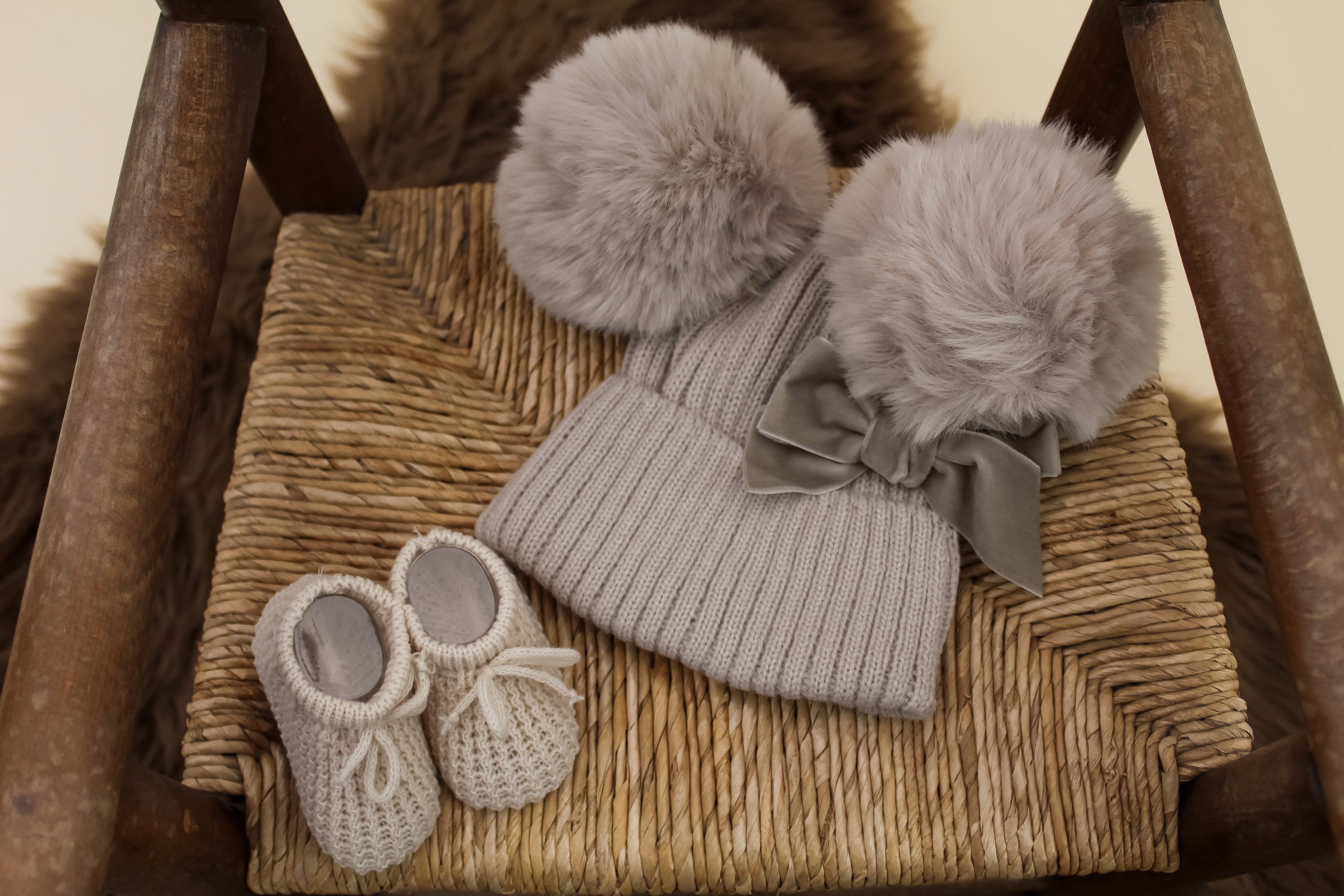 Taupe Double Pom-Pom Baby Knitted Hat with Bow