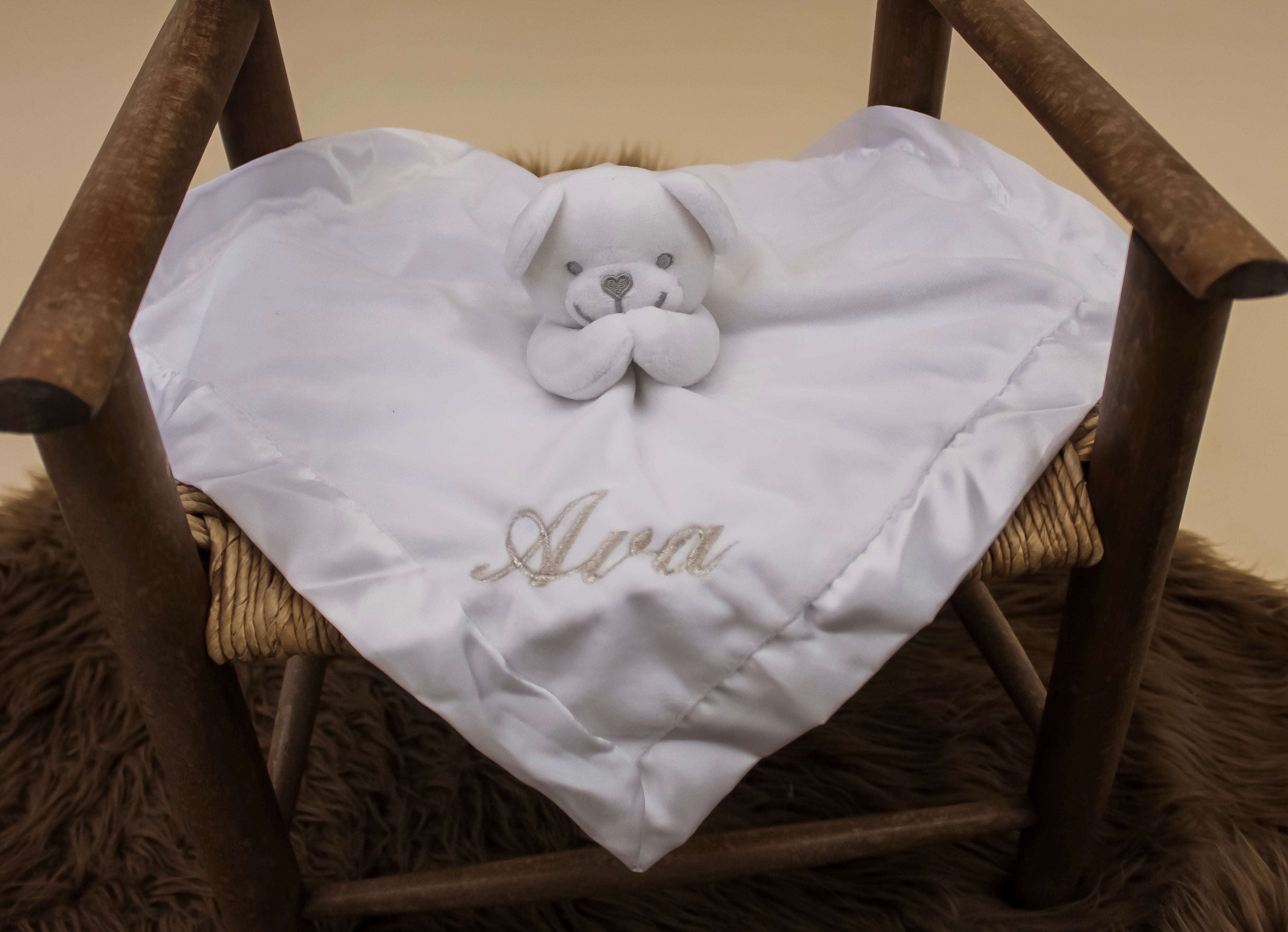Embroidered Grey Bear with Heart Nose Baby Comforter