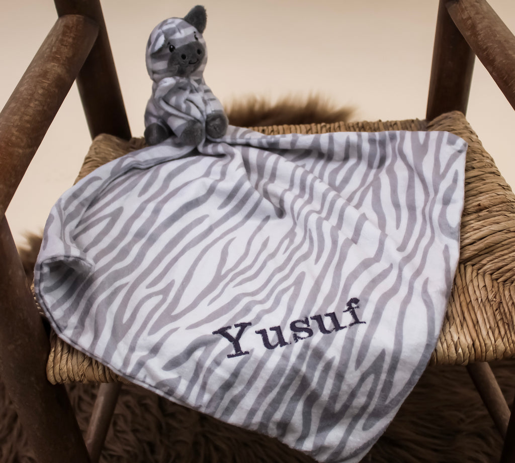 Personalised Yellow and Brown Zebra Baby Comforter