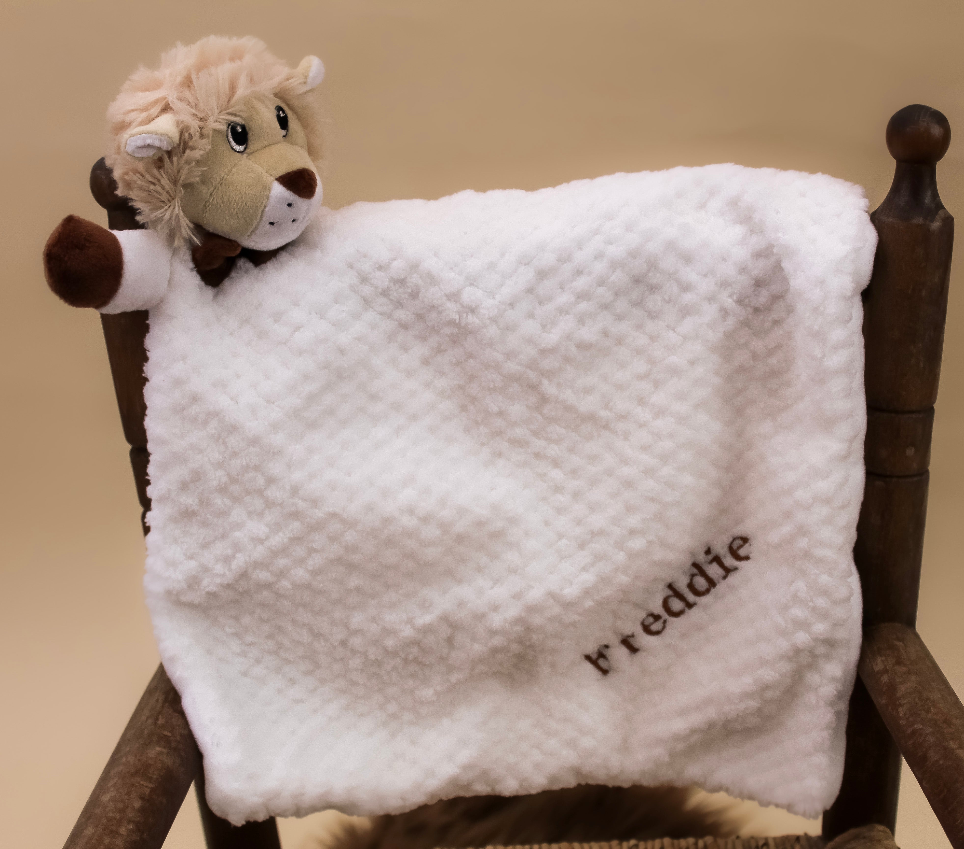 Personalised White and Brown Lion Soft Toy Baby Comforter