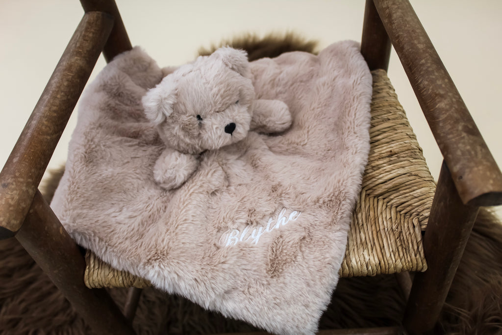 Personalised Furry Beige Bear Baby Soft Toy Comforter