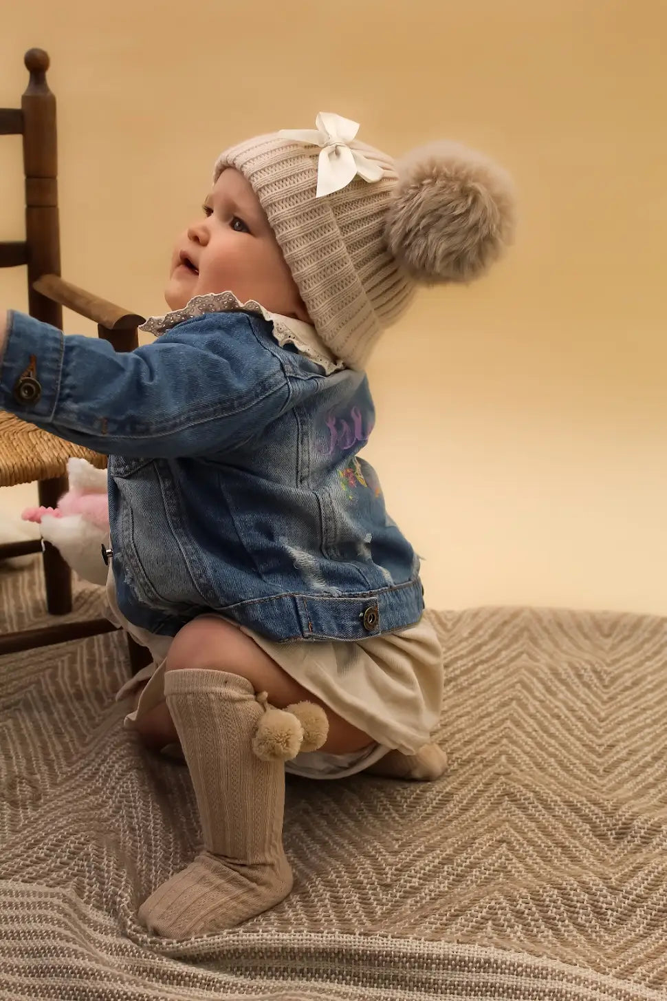 Cream Double Pom-Pom Baby Knitted Hat with Bow