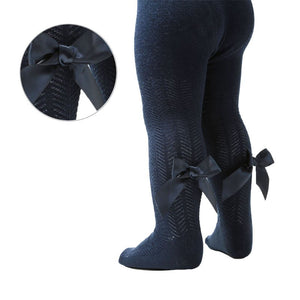Navy Blue Jacquard tights with satin bow