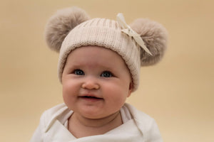 Cream Double Pom-Pom Baby Knitted Hat with Bow