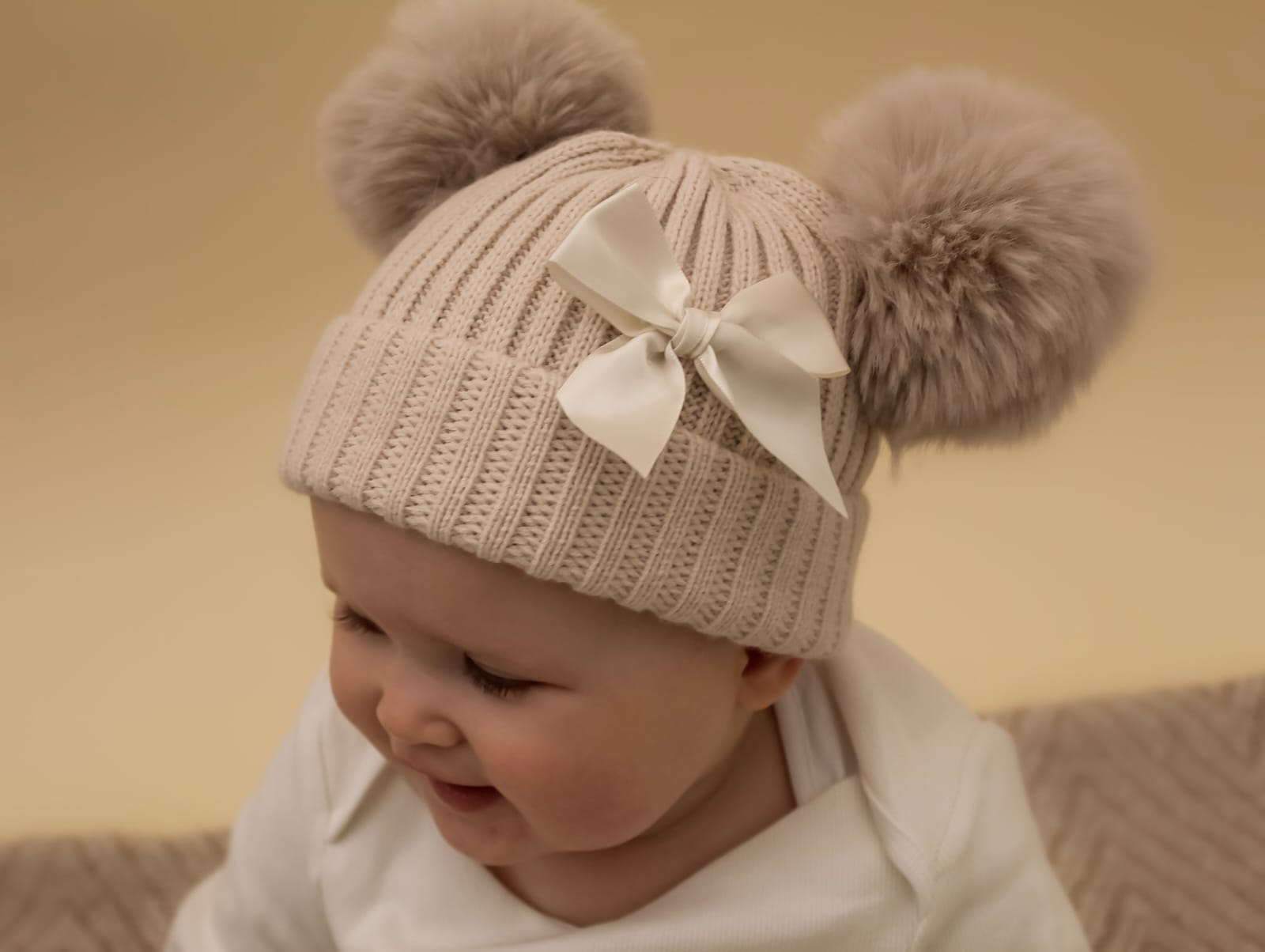 Cream Double Pom-Pom Baby Knitted Hat with Bow