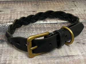 Black Plaited Leather Dog Collar