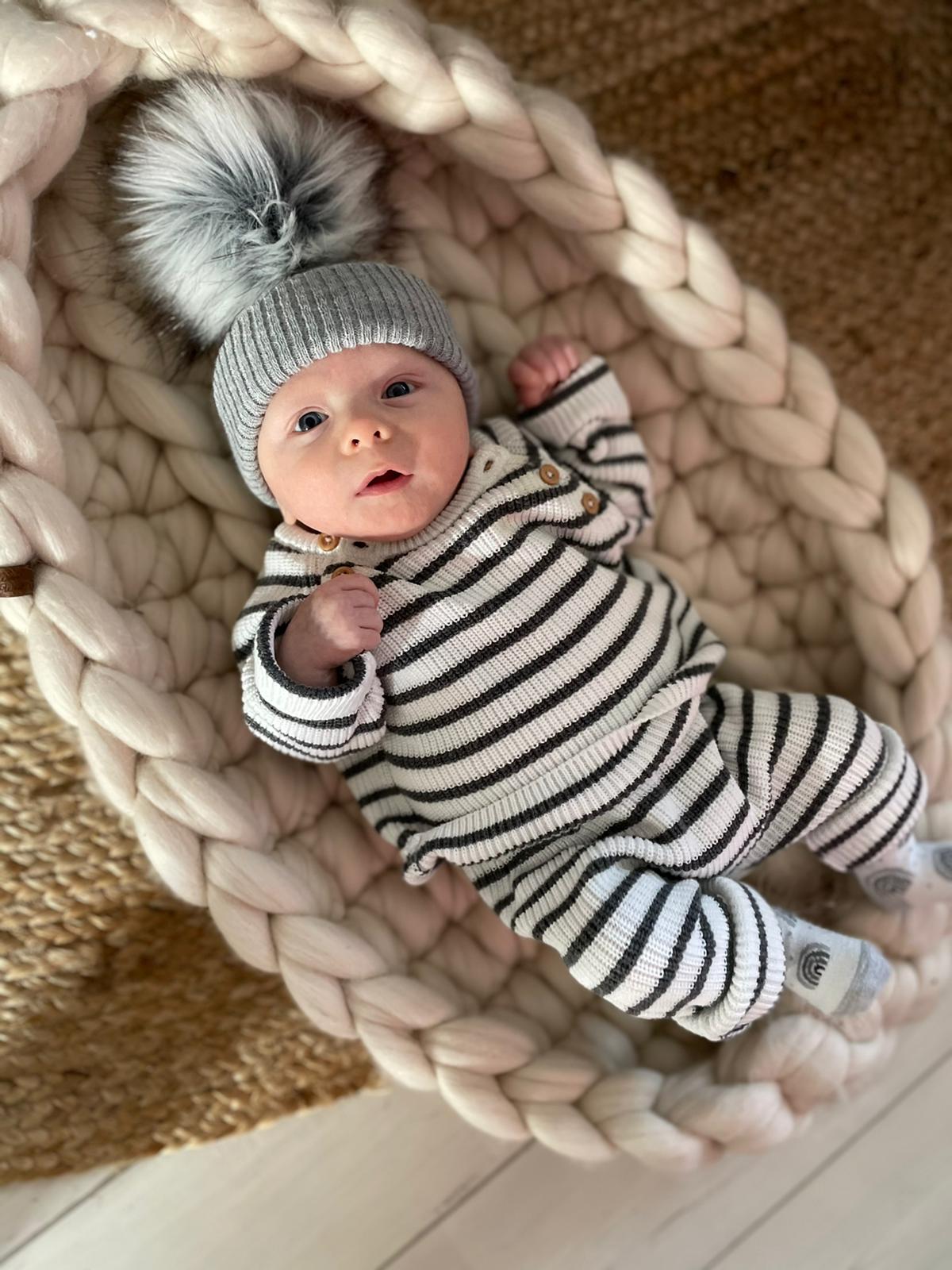 Embroidered Grey Knitted Baby Hat With Pom Pom