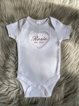 white embroidered personalised baby grow