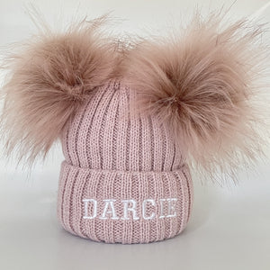 Rose gold embroidered double pom pom baby hat