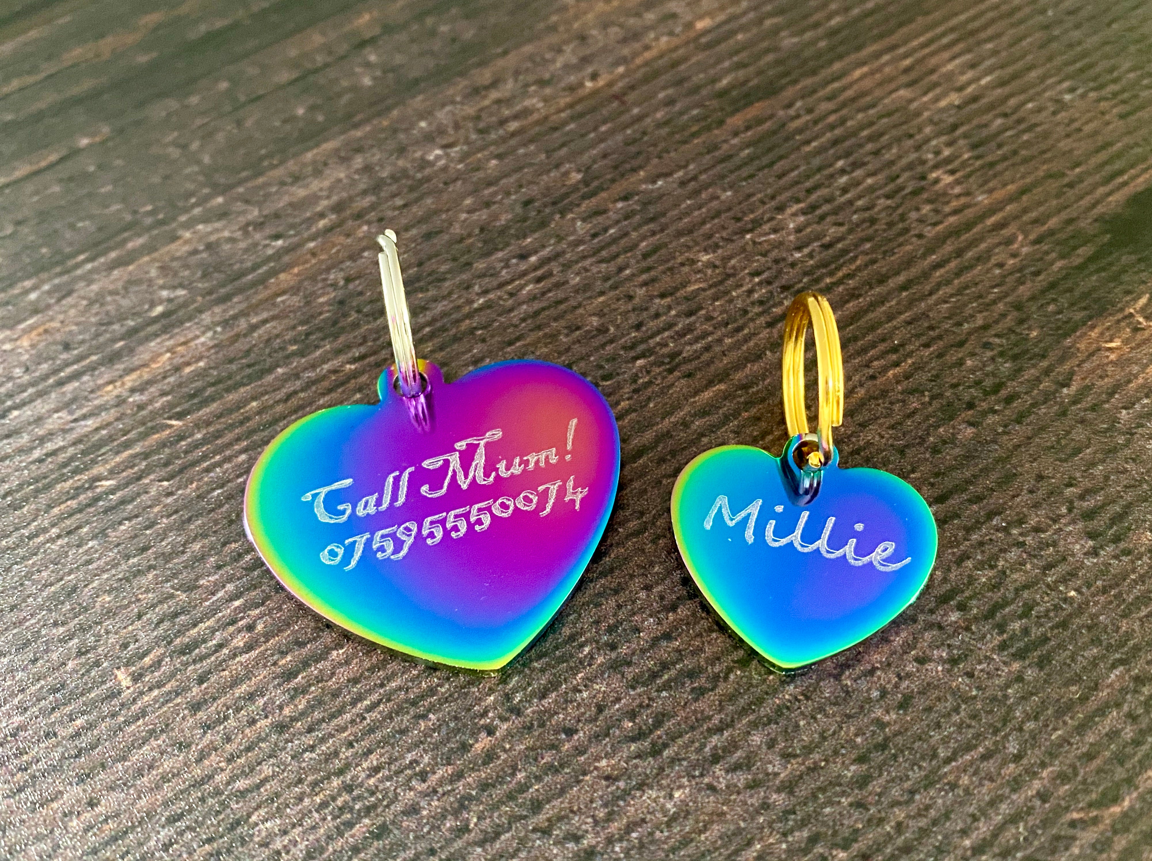 rainbow coloured heart dog tags