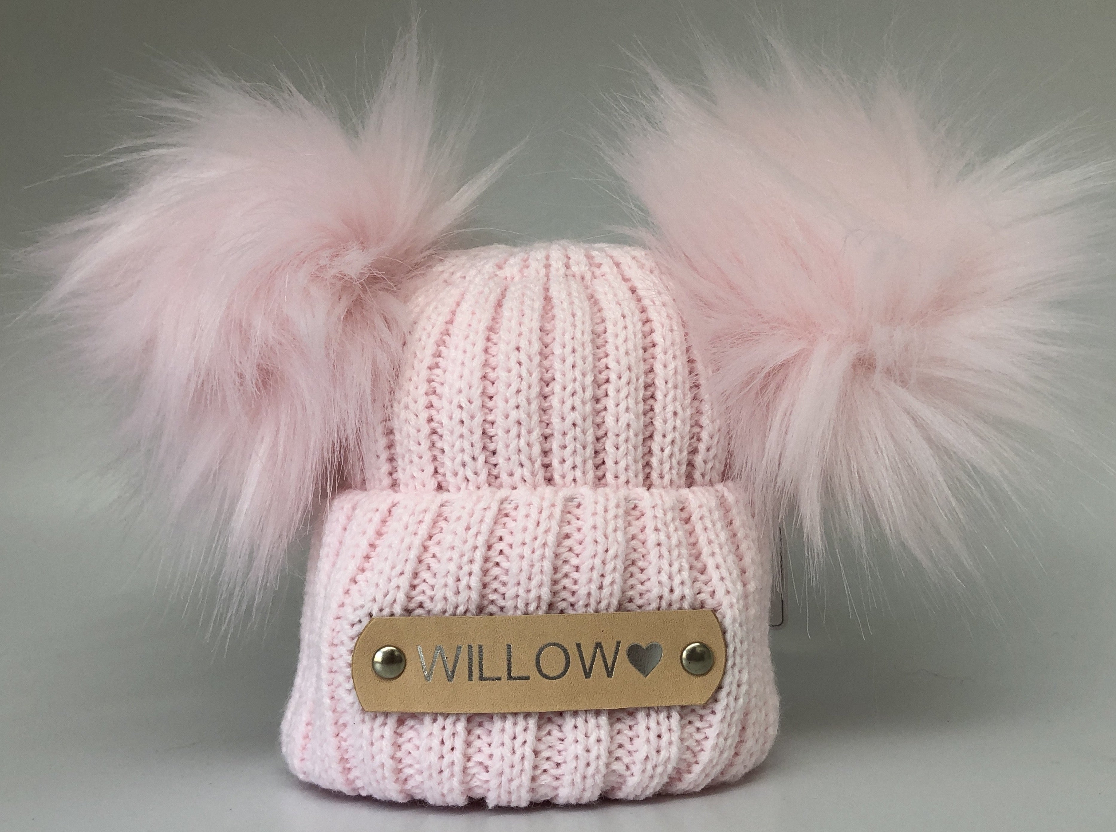 personalised pink double Pom Pom baby hat