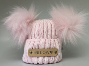 personalised pink double Pom Pom baby hat