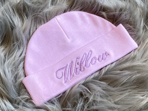 embroidered pink newborn baby hat