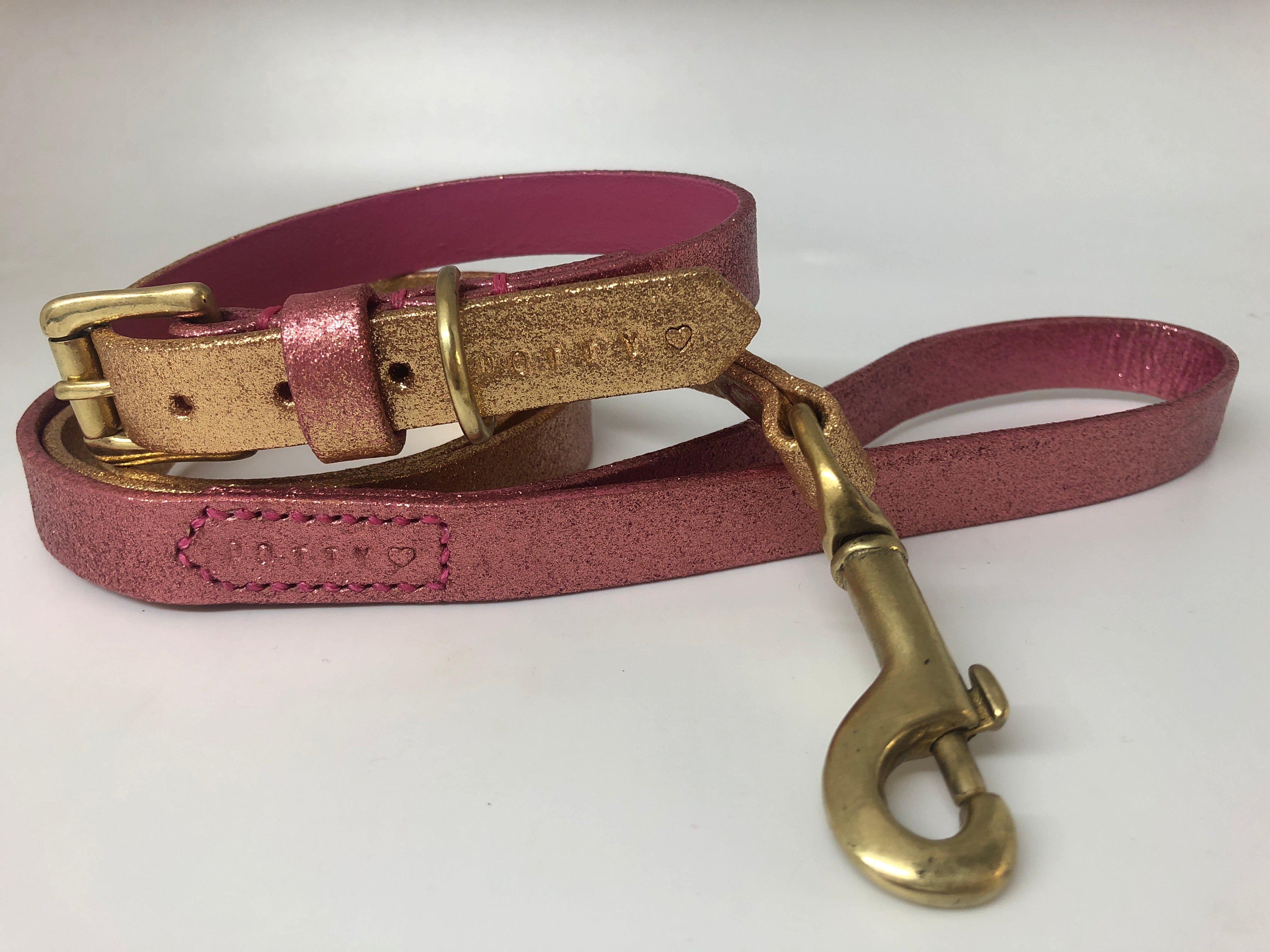 Pink & Gold Glitter Ombre Leather Dog Collar, Lead & Tag Set