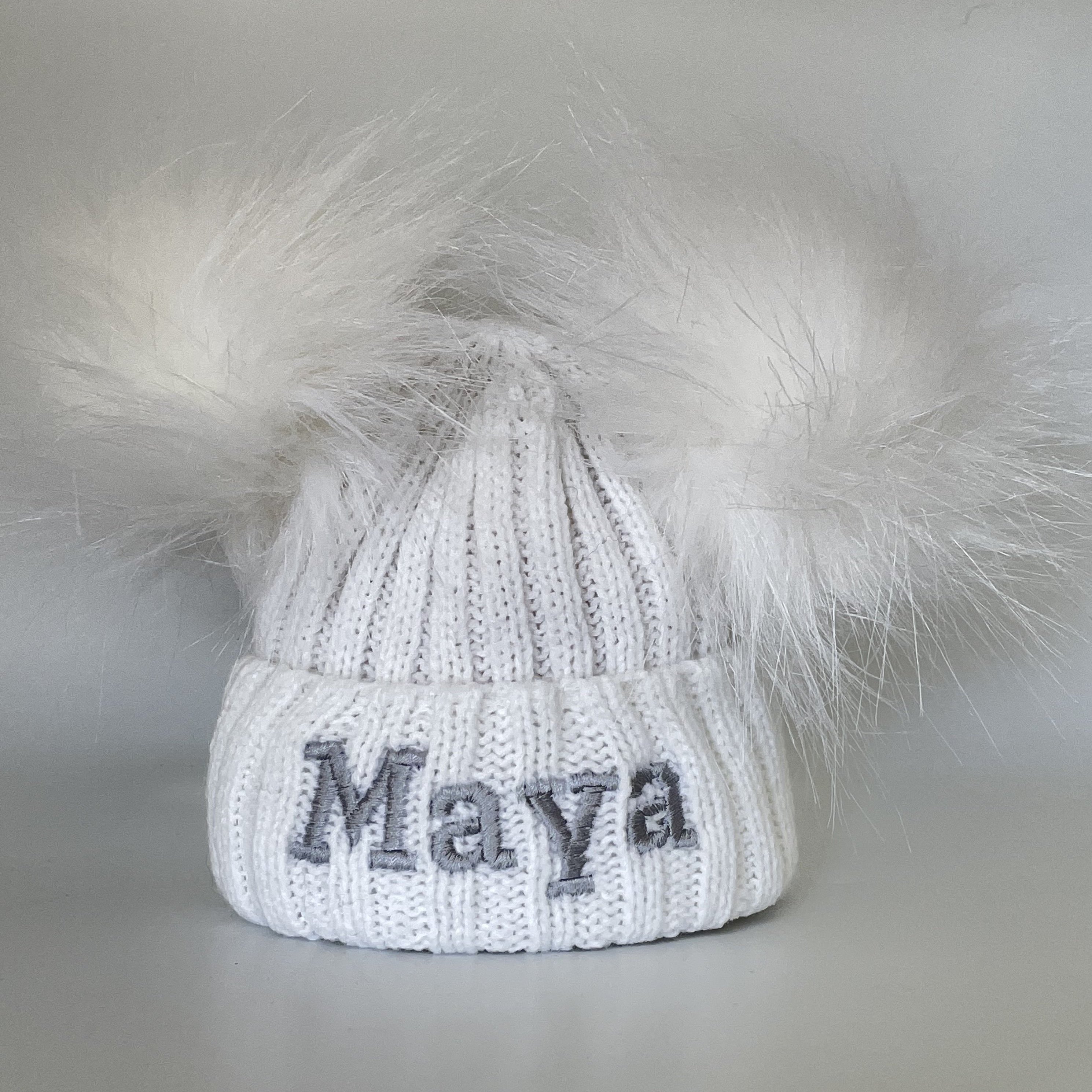 personalised white double pom pom baby hat