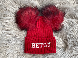 Christmas red knitted winter pom pom hat