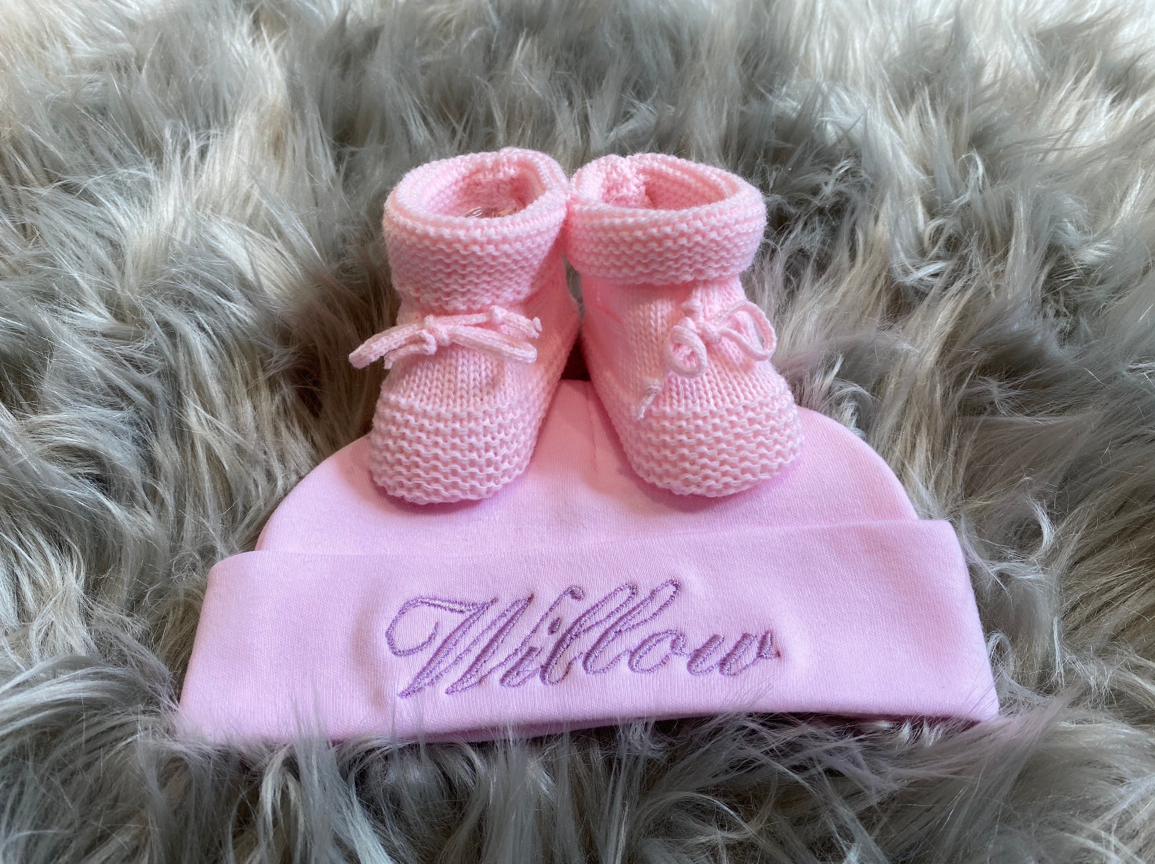 embroidered newborn pink baby hat and booties