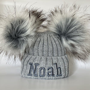 double pom pom grey embroidered hat