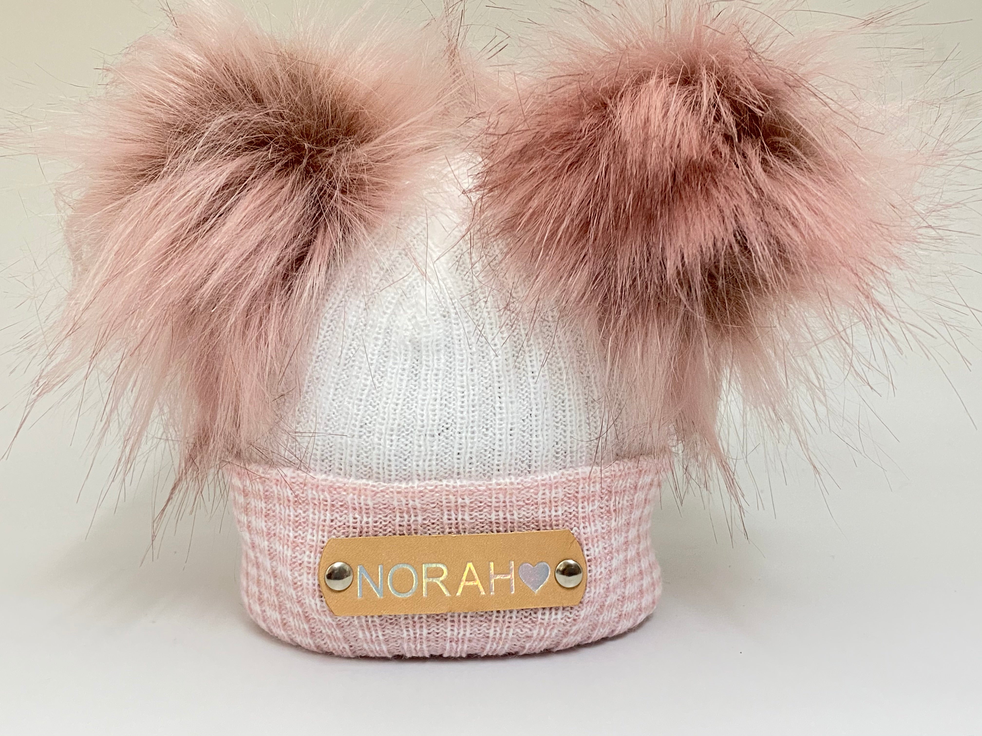 Double Pom Pom Pink & White Striped Knitted Baby Hat