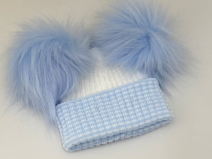 Double Pom Pom Blue & White Striped Knitted Baby Hat