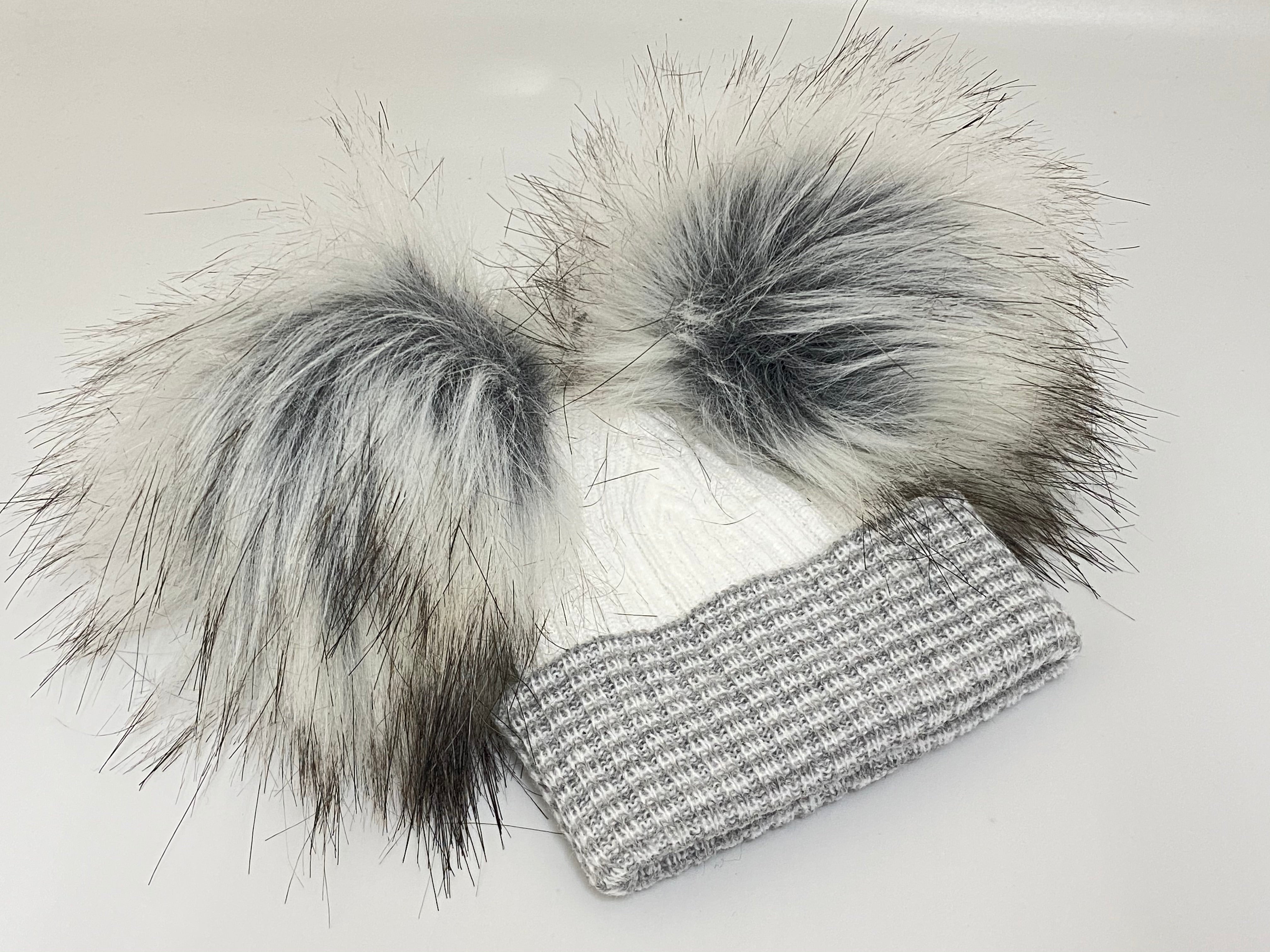 Double Pom Pom Grey & White Striped Knitted Baby Hat
