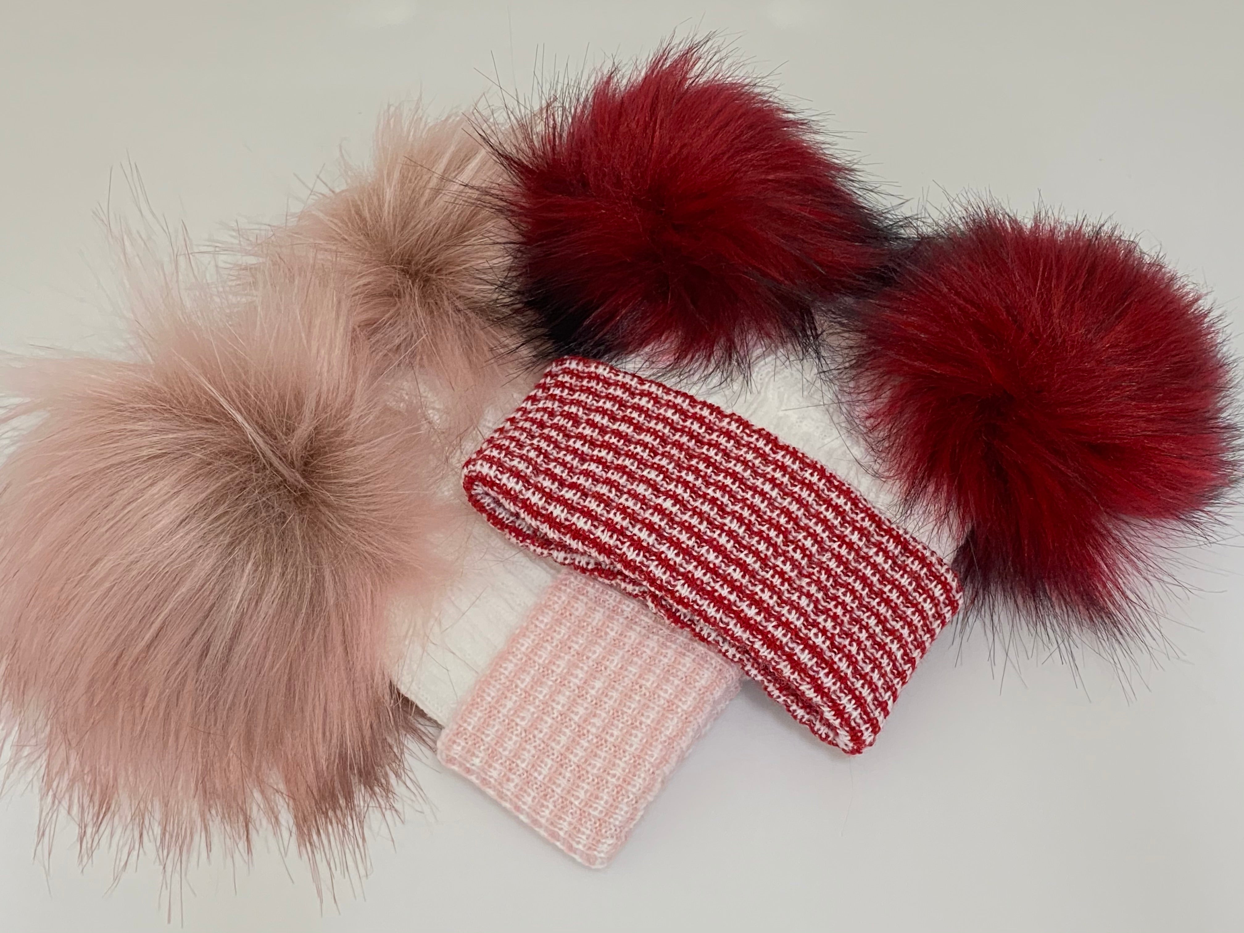 Double Pom Pom Pink & White Striped Knitted Baby Hat