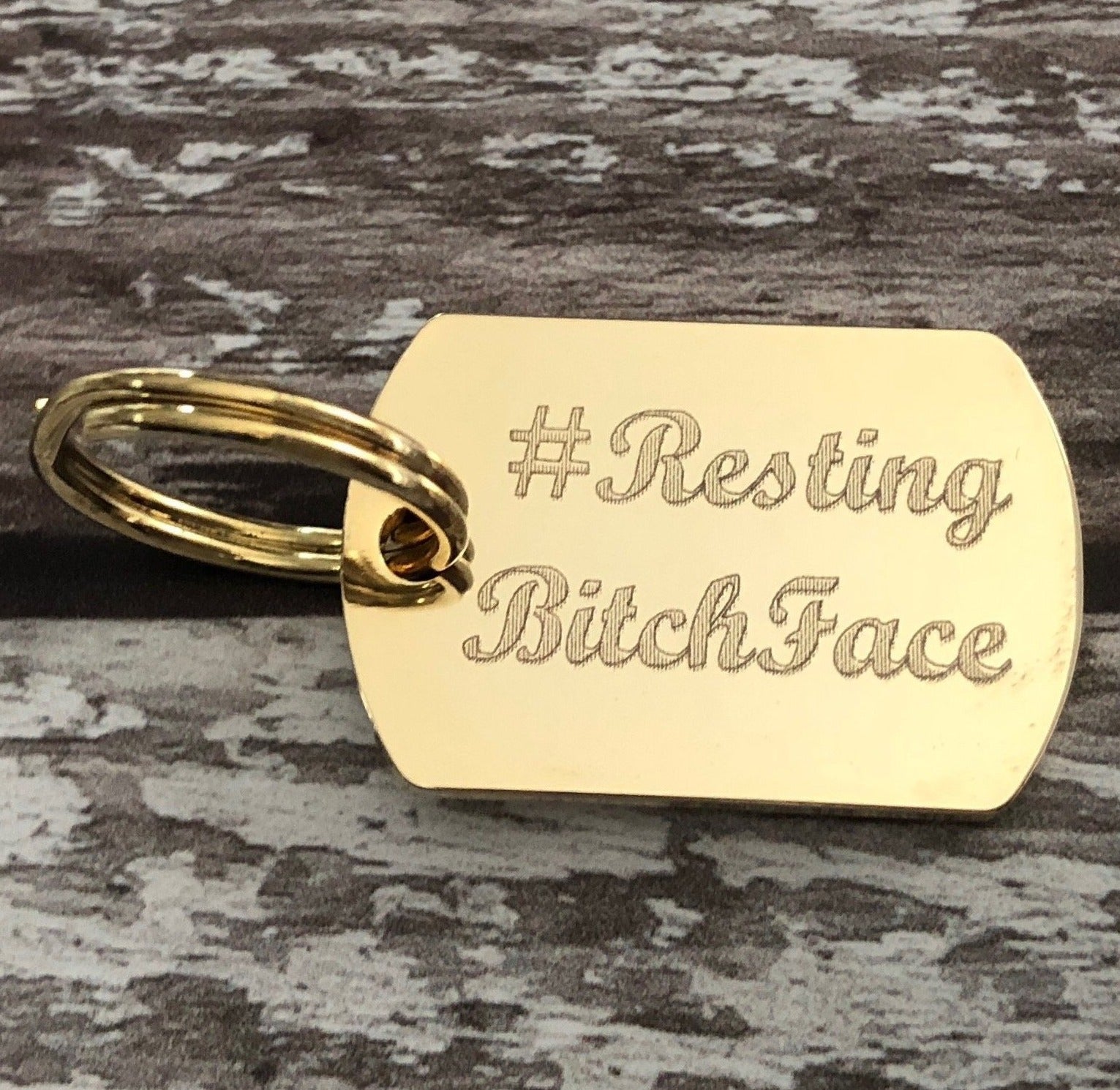 gold resting bitch face dog tag