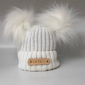 Double Pom Pom White Knitted Baby Hat