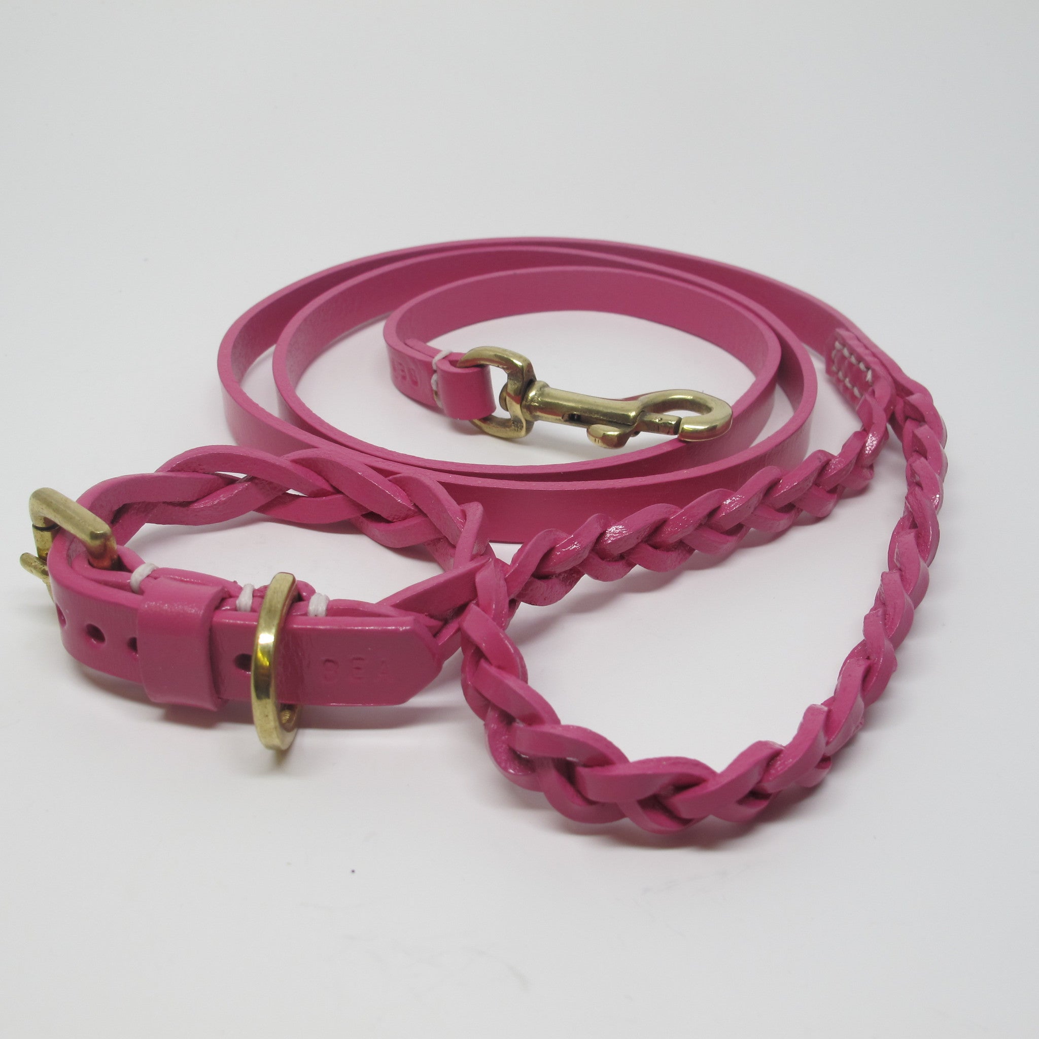 Personalised Hot Pink Plaited Leather Dog Collar and Lead Set