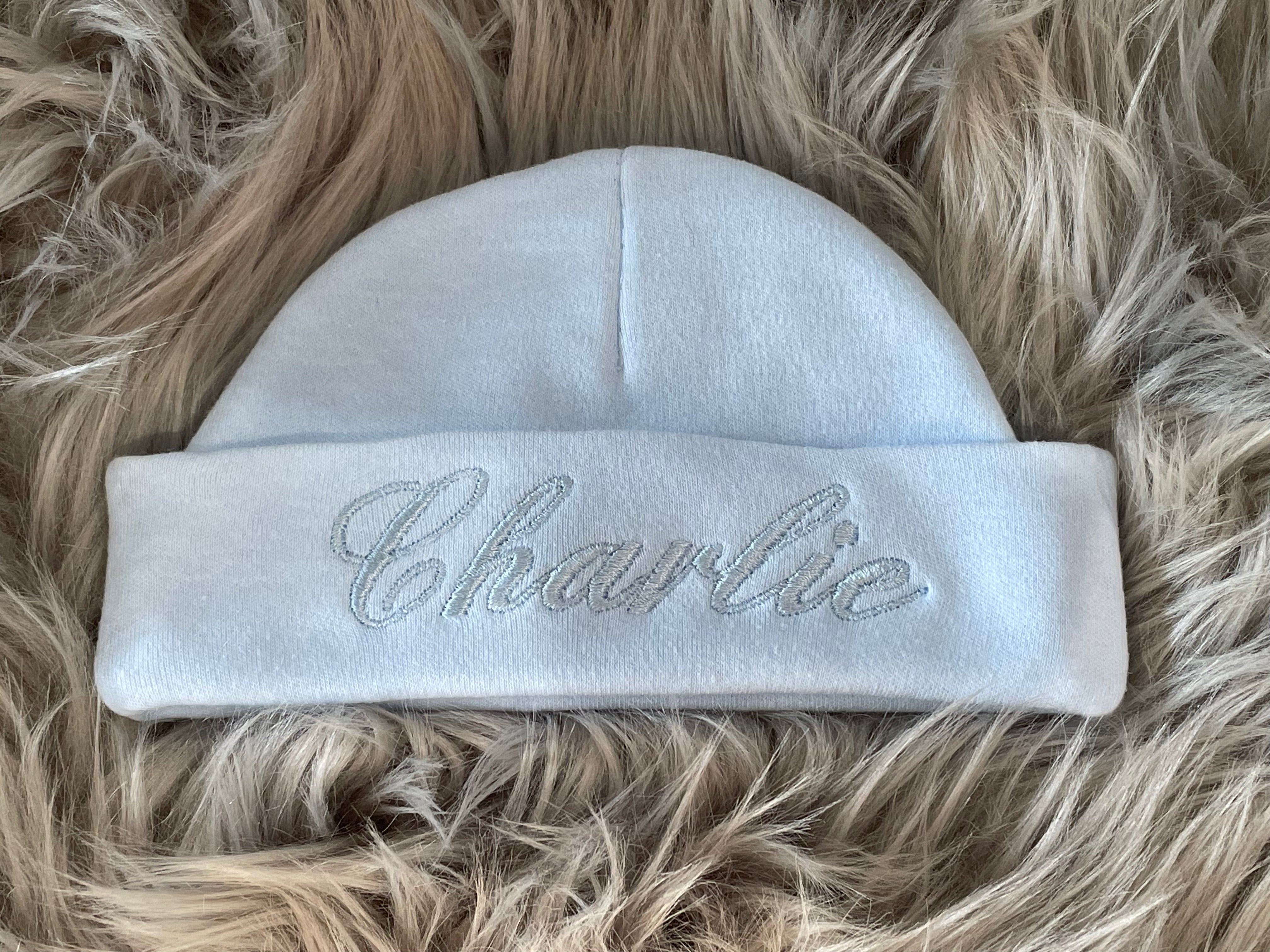 white personalised newborn baby hat