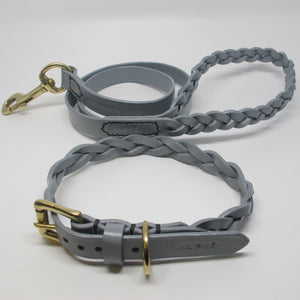Personalised Pastel Grey Plaited Leather Dog Collar and Lead Set
