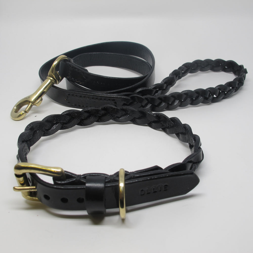 Black Plaited Leather Dog Collar and Lead Set