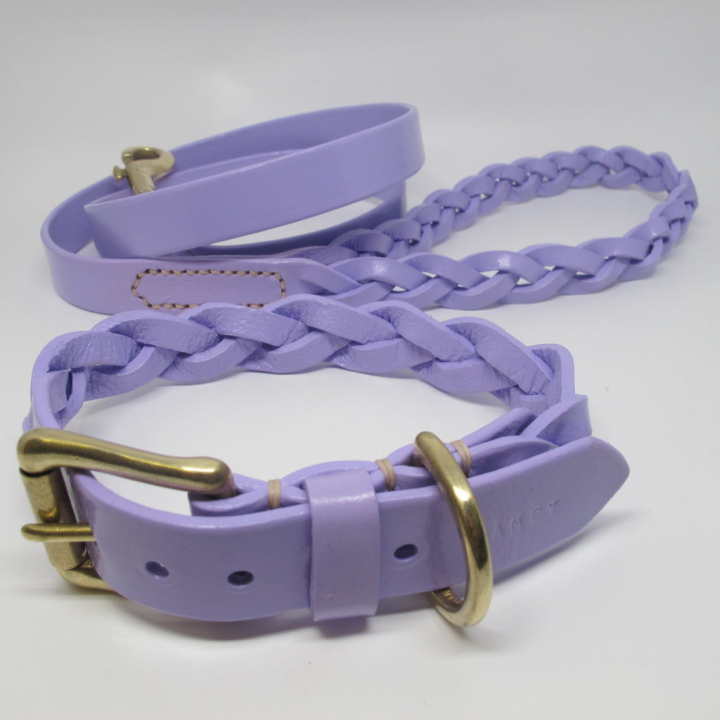 Personalised Lilac Plaited Leather Dog Collar and Lead Set