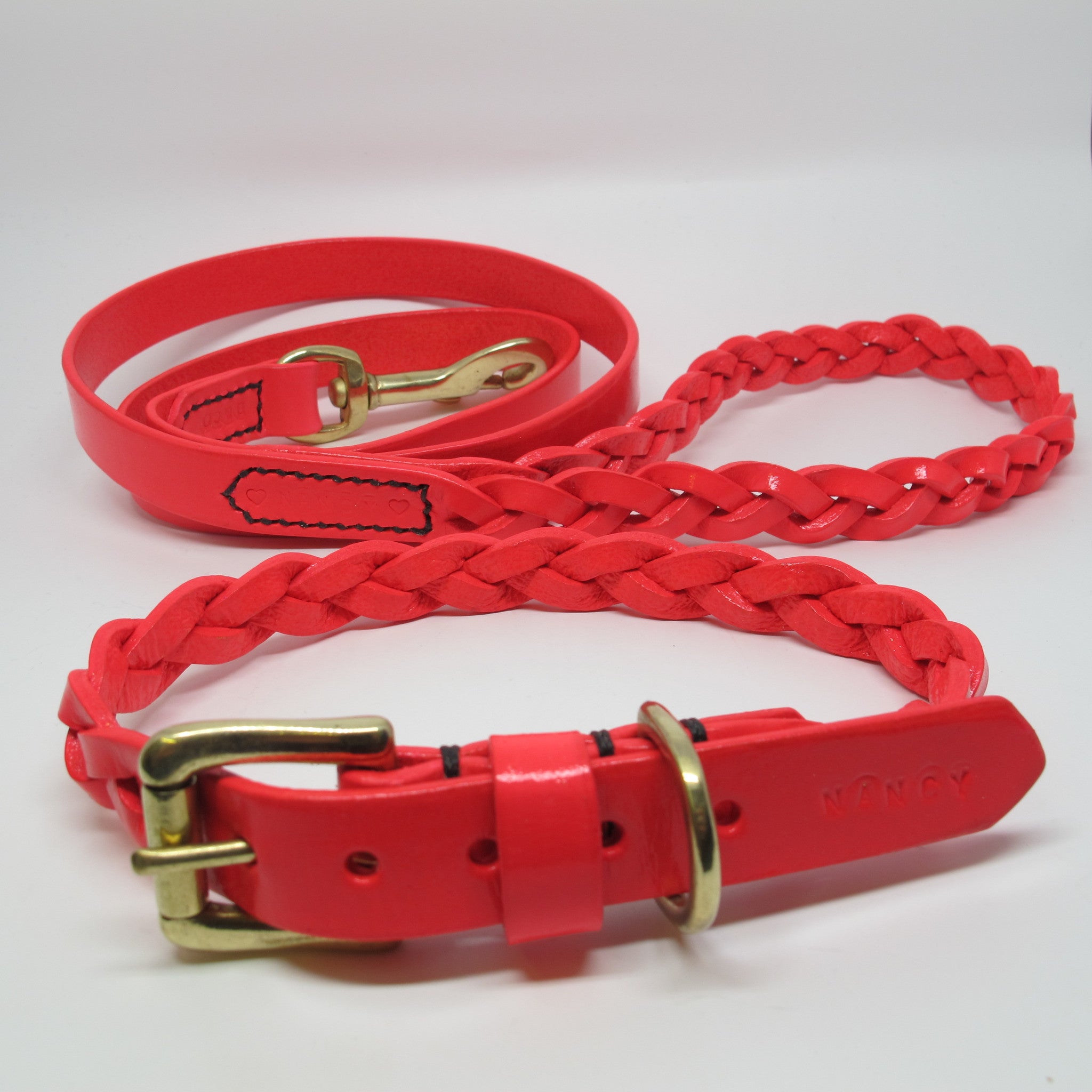 Personalised Neon Pink Plaited Leather Dog Collar and Lead Set