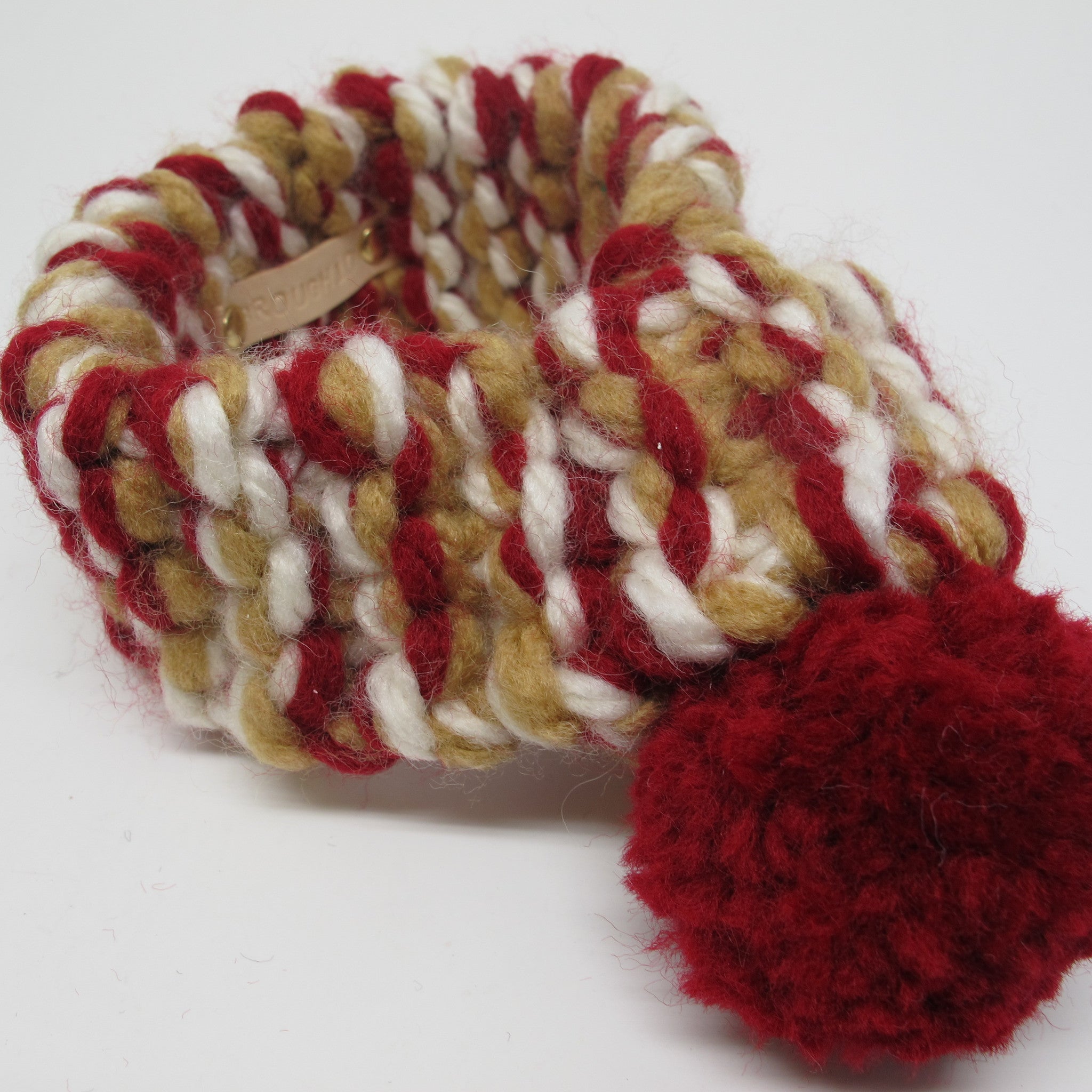 White, Beige & Red Personalised Dog Scarf with Red Pom Pom