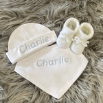 White embroidered newborn baby gift set