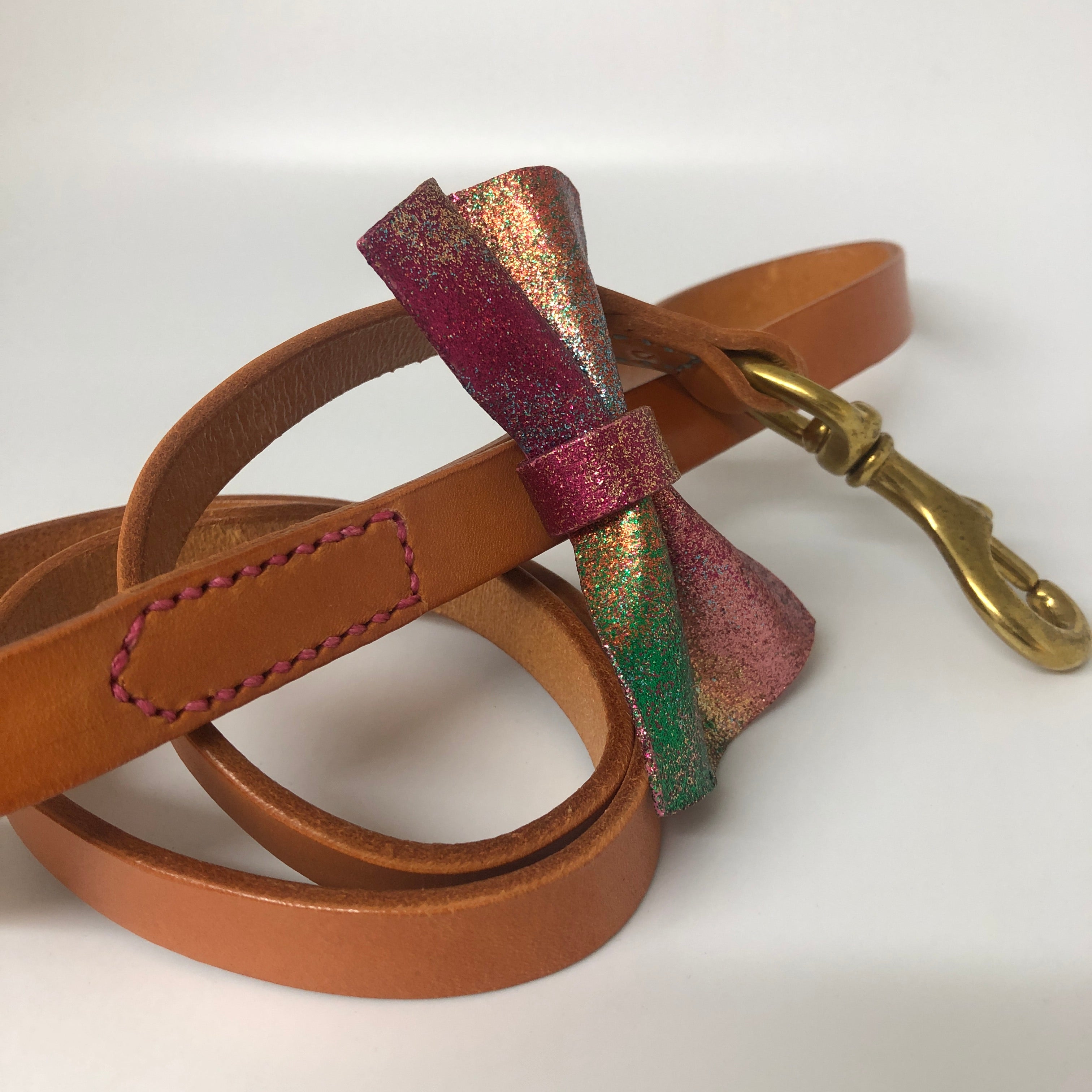 Natural Nude & Rainbow Bow Tie Leather Dog Leash