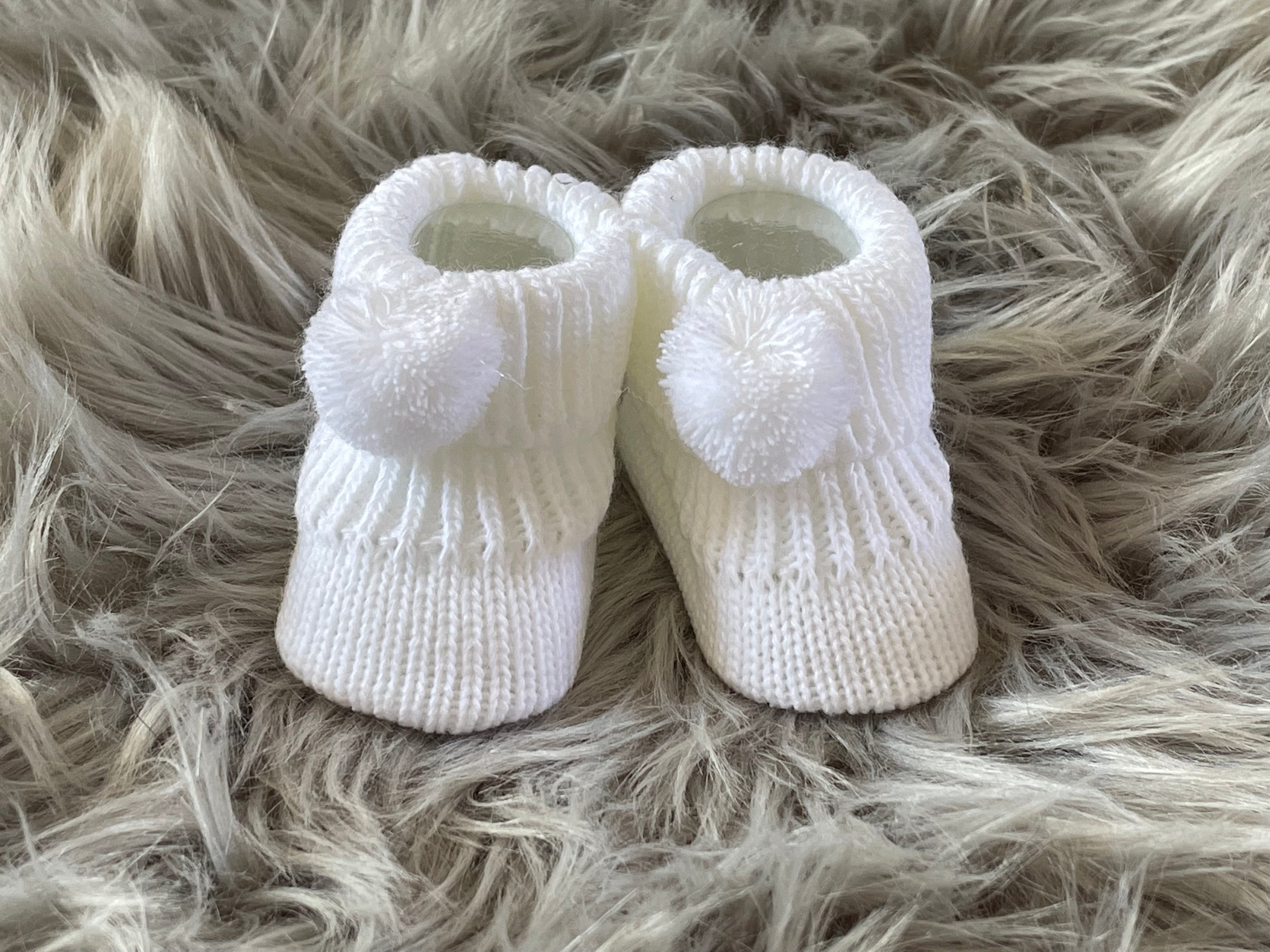 White Knitted Newborn Baby Booties With Pom Pom