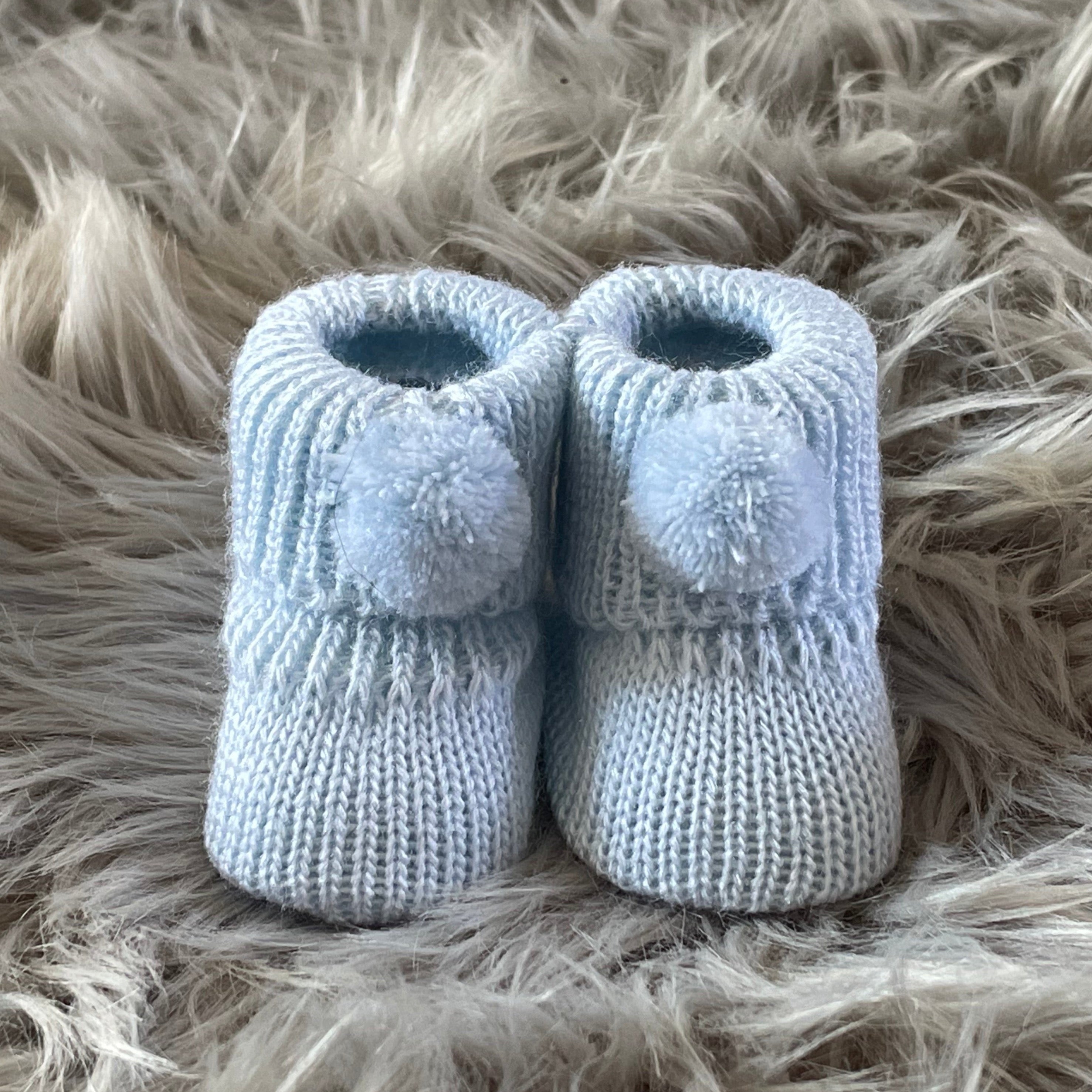 Baby Blue knitted baby booties with pom pom