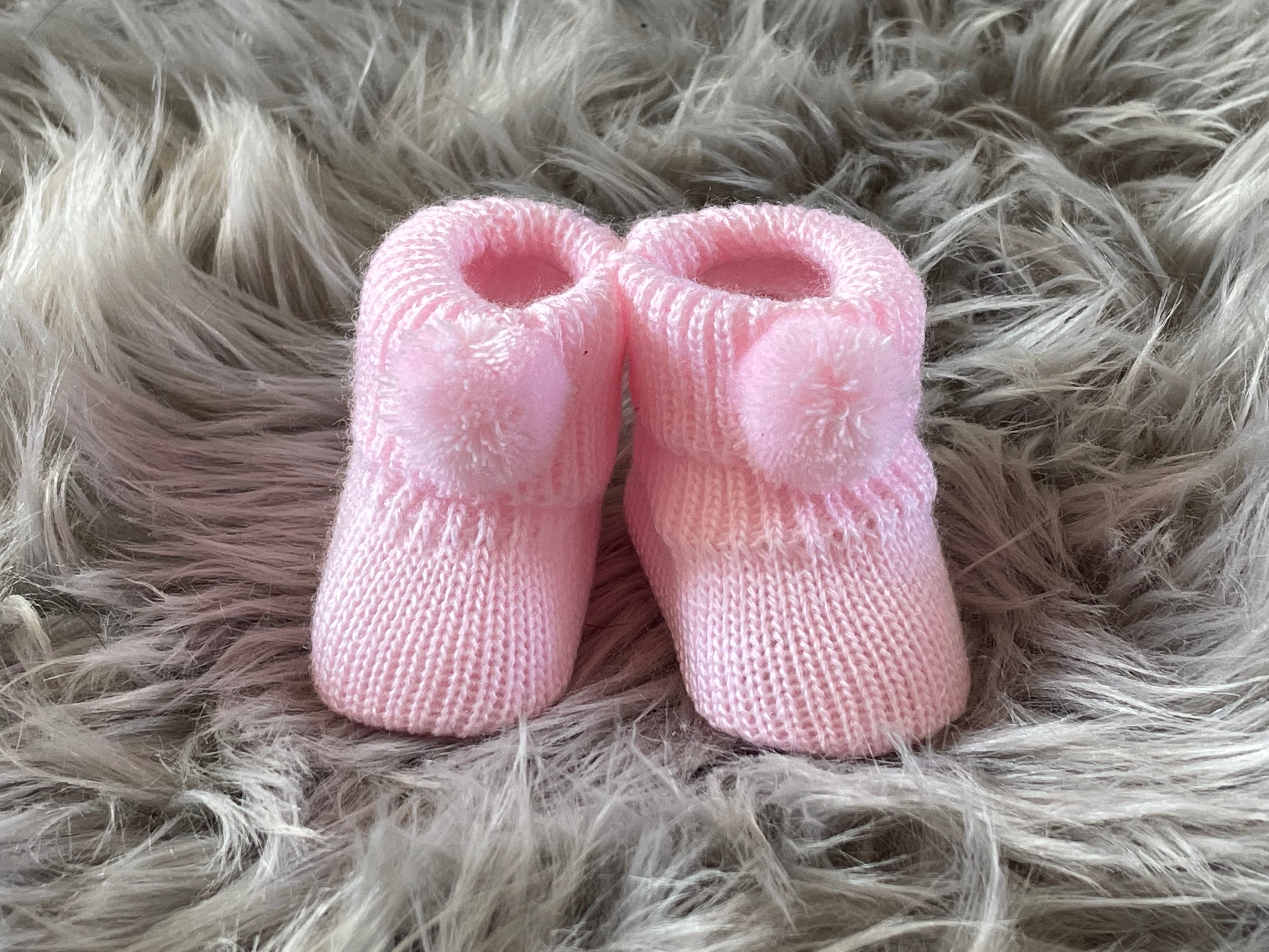 Baby Pink Knitted Newborn Baby Booties With Pom Pom