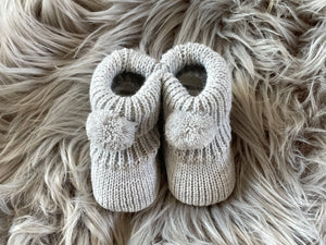 Grey Knitted Newborn Baby Booties With Pom Pom