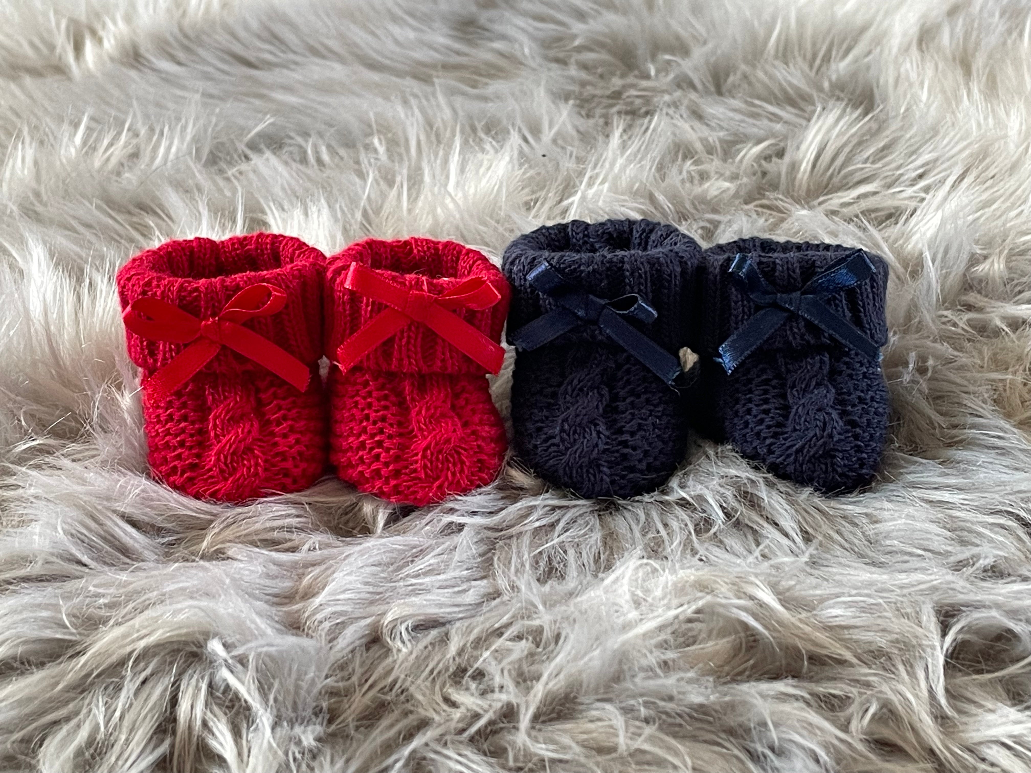 Wine Red Knitted Newborn Baby Booties With Bow